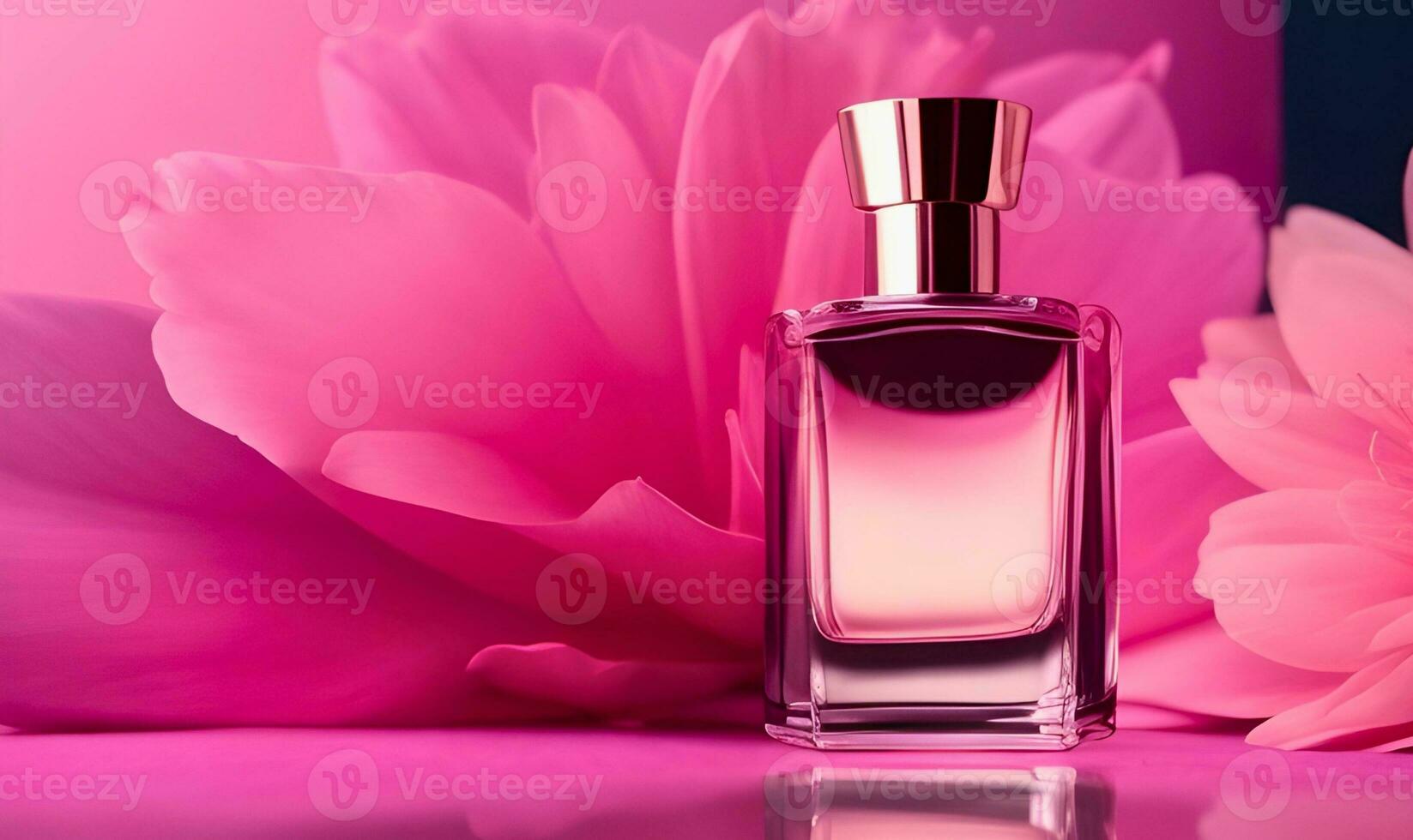 AI generated Spring romance with clear glass perfume bottles. Stylish parfumerie banner. photo