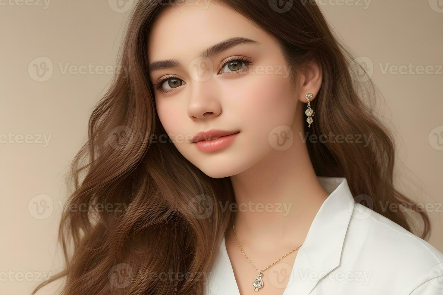 AI generated A lovely young woman with a radiant smile, standing against a neutral beige backdrop. photo
