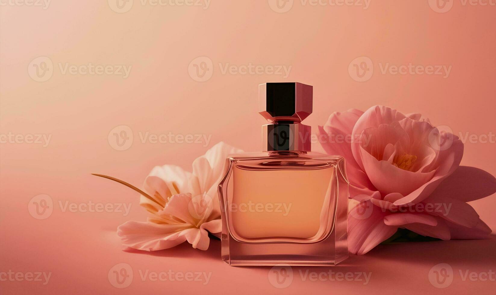 AI generated Spring romance with clear glass perfume bottles. Stylish parfumerie banner. photo