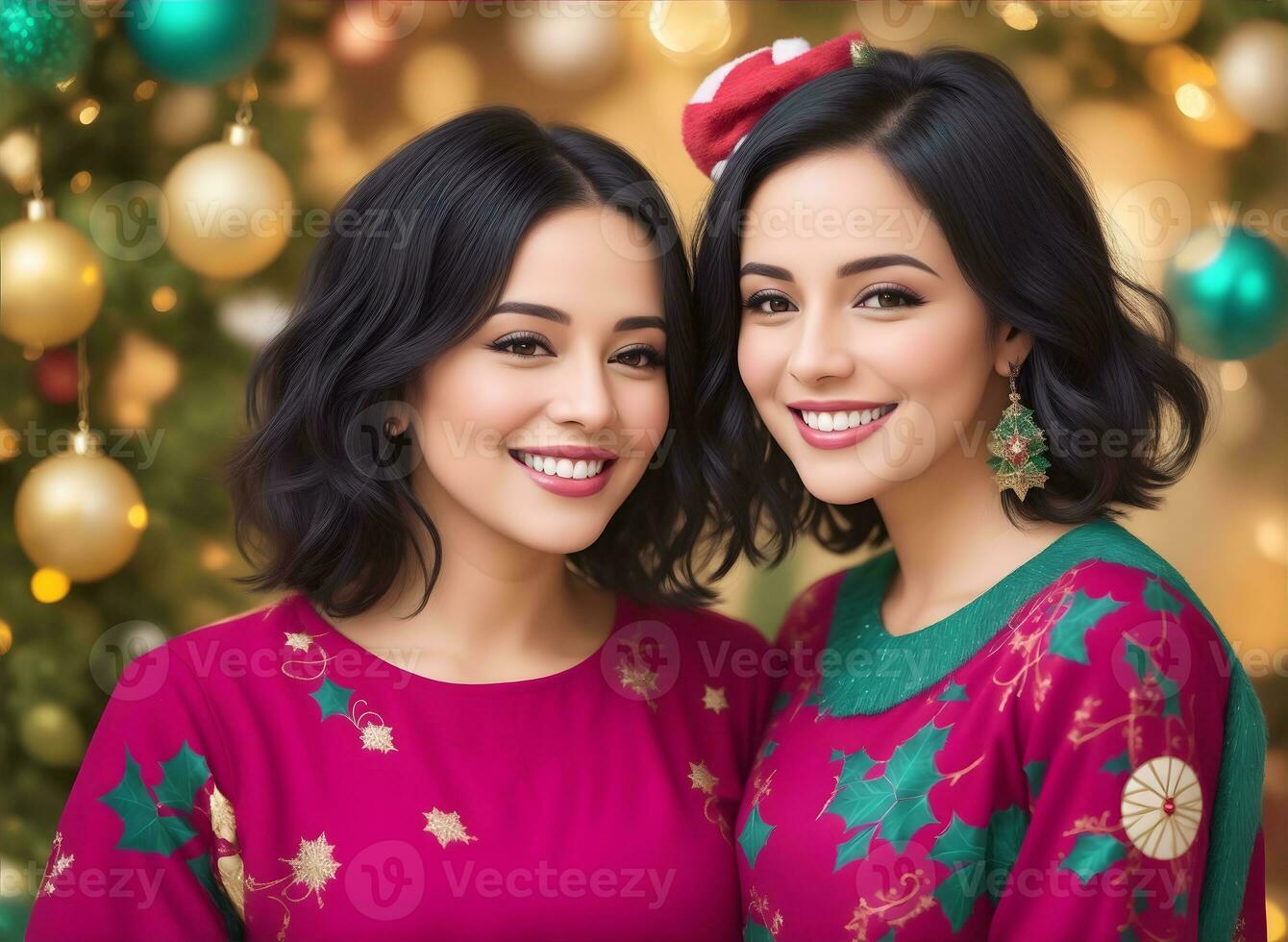AI generated Beautiful, happy girls with short black hair, dressed in colorful holiday outfits. photo