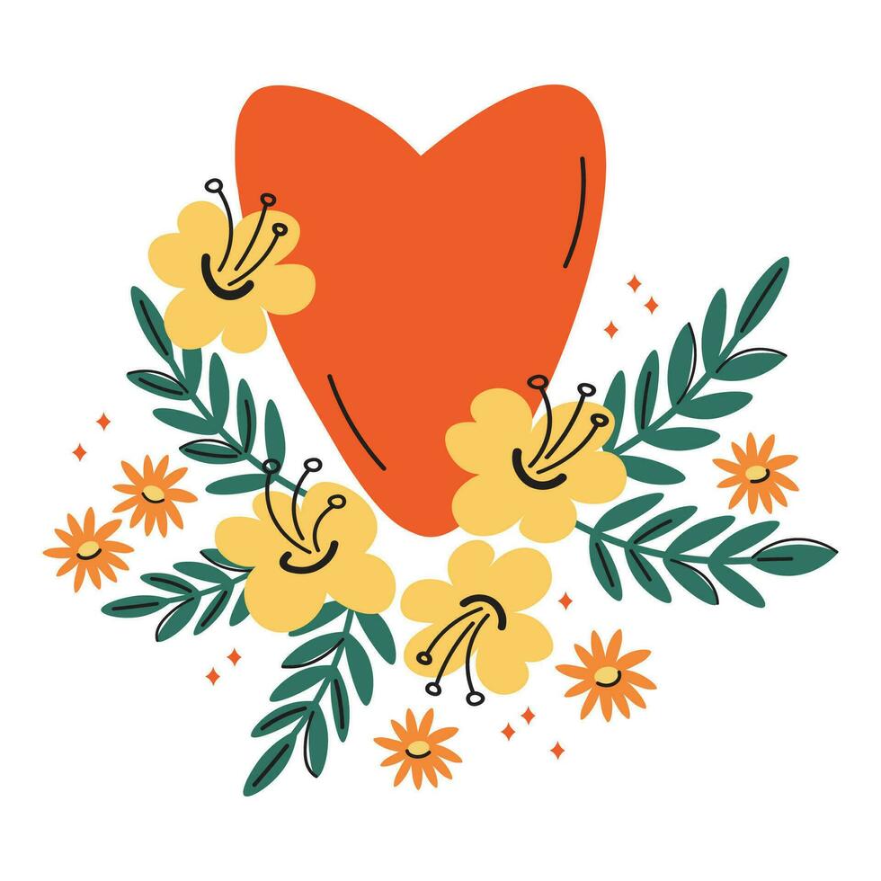 corazón y flores antecedentes para texto. mano dibujado plano vector ilustración para Felicidades en San Valentín día, de la madre día, cumpleaños, amor. festivo diseño para tarjeta, póster, imprimir, papel, modelo