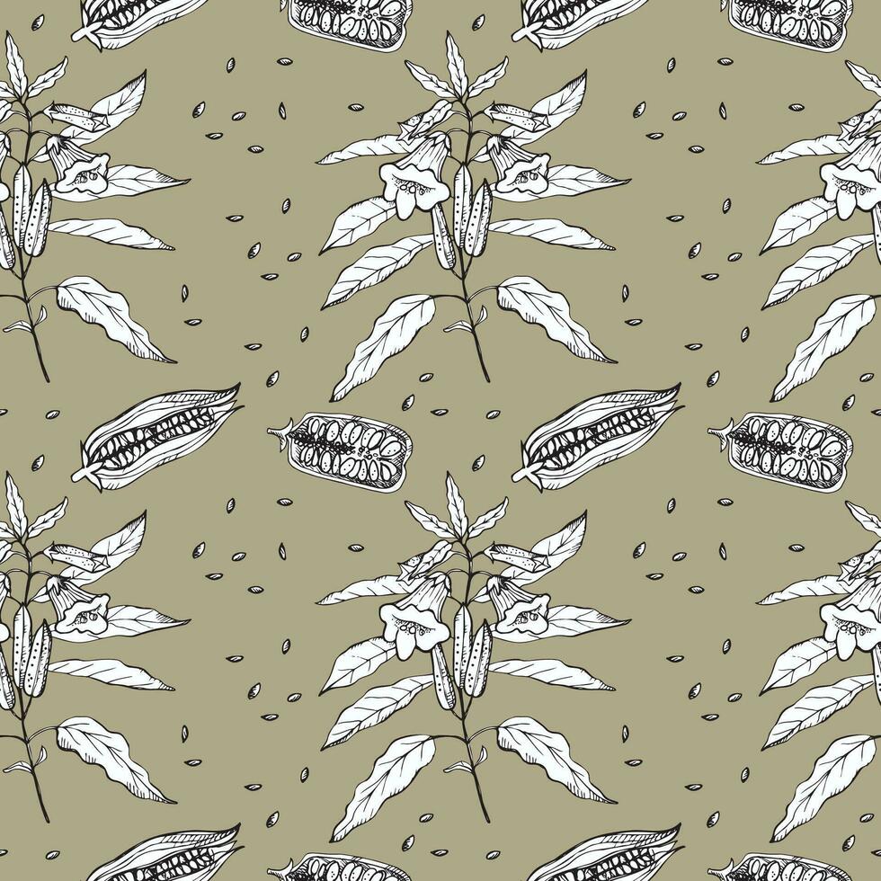 Sesame seamless pattern. Repeating background with flower, branch and sesame seeds. Hand drawn backdrop, decorative ornament. Vector illustration, for print, paper, label, template, packaging, design