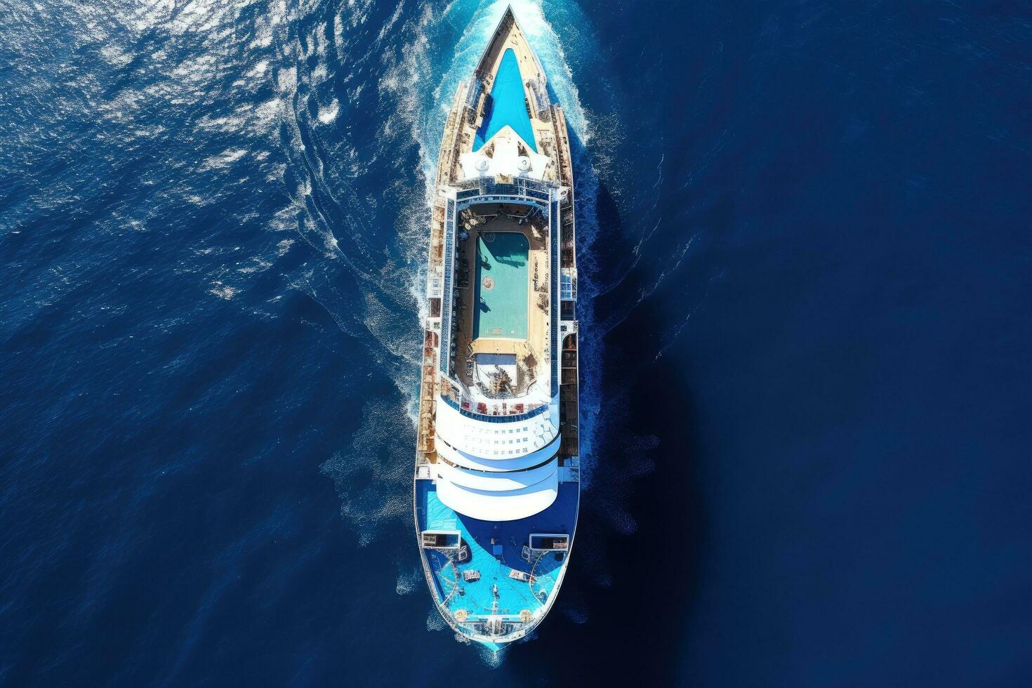 AI generated Aerial view of a cargo ship sailing in the blue sea, Aerial top down view of a cruise ship bow traveling over blue ocean, AI Generated photo