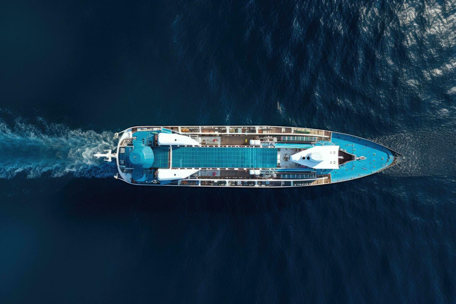 AI generated Aerial view of cargo ship in deep blue sea. 3d rendering, Aerial top down view of a cruise ship bow traveling over blue ocean, AI Generated photo