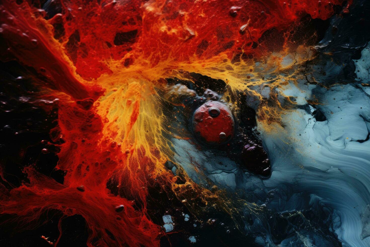AI generated Abstract background of acrylic paint in red, blue and yellow tones, Abstract photography, a molten metal liquid citrine, red, dream of an Empress, nebula, blue, black, portal, red photo