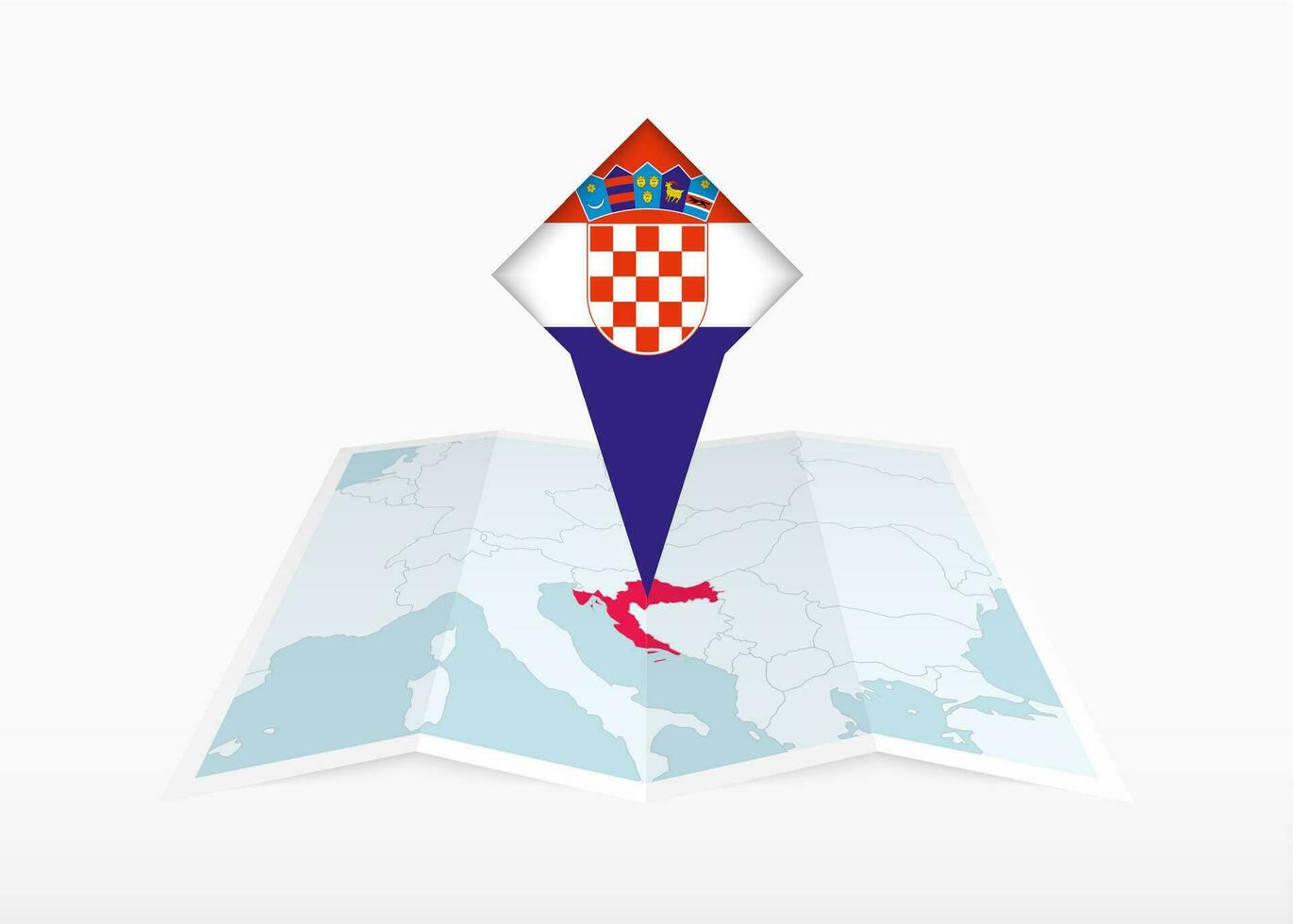 Croatia is depicted on a folded paper map and pinned location marker with flag of Croatia. vector