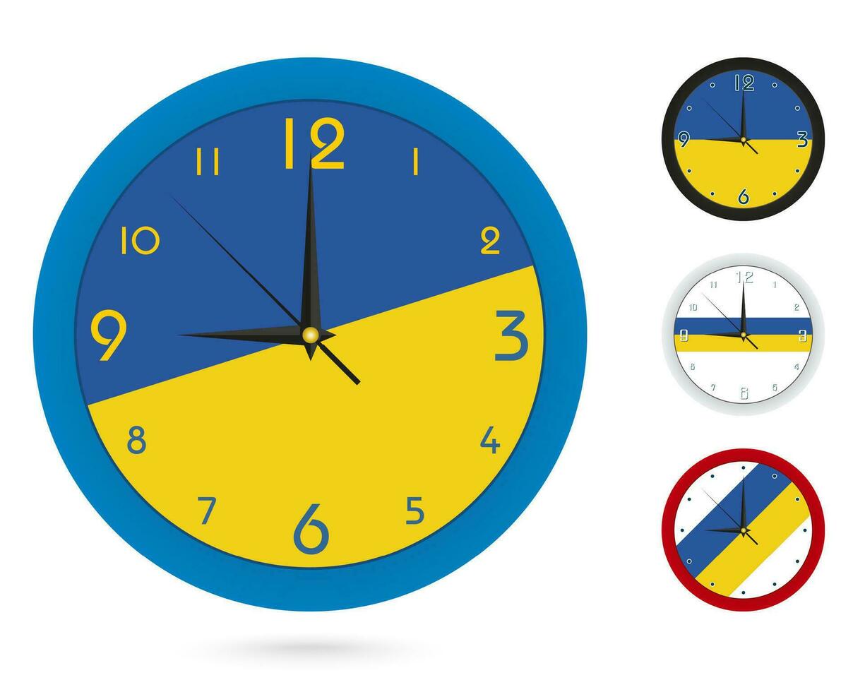 pared reloj diseño con nacional bandera de Ucrania. cuatro diferente diseño. vector