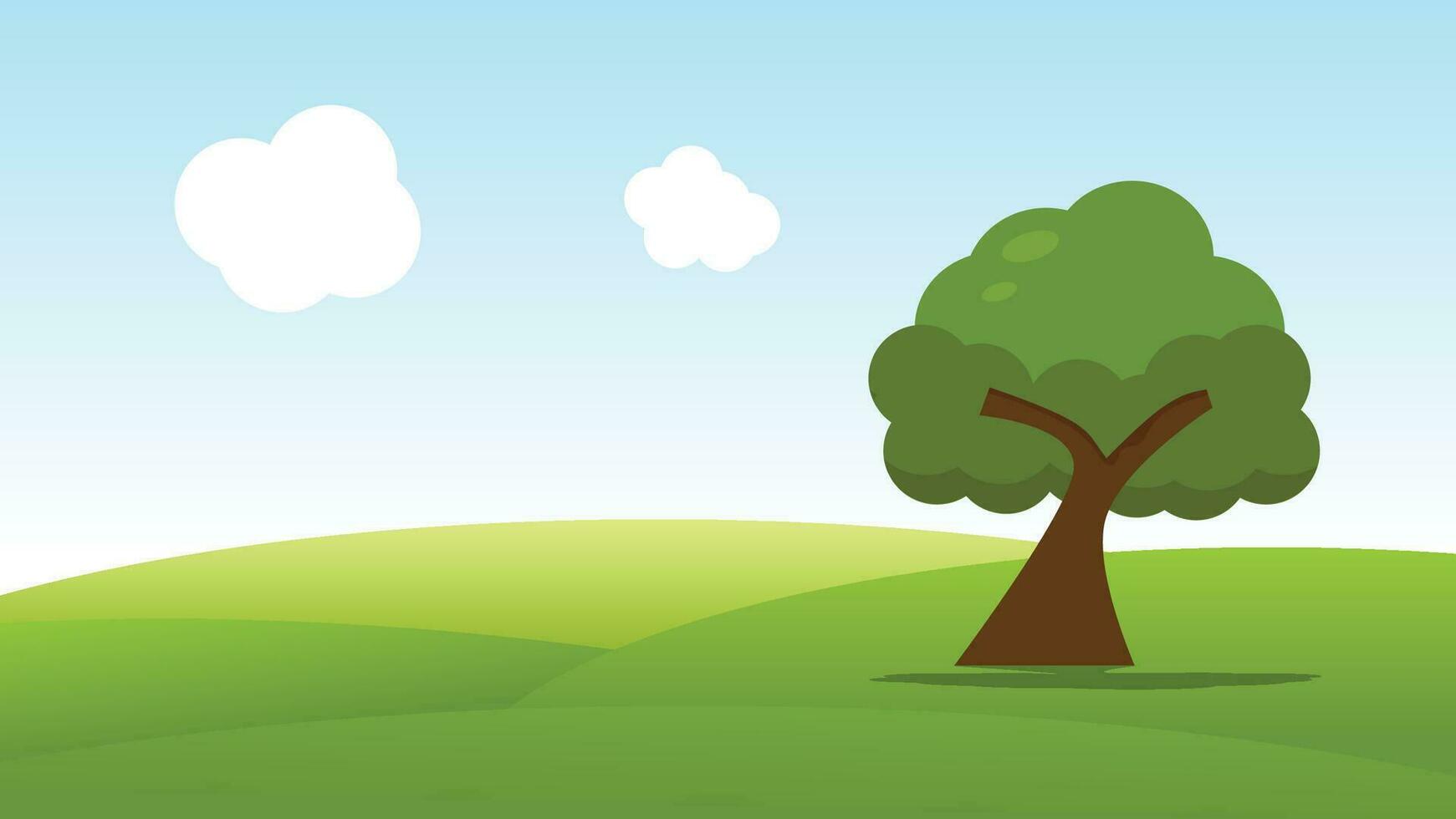 landscape cartoon scene with green field and white cloud in summer blue sky background vector