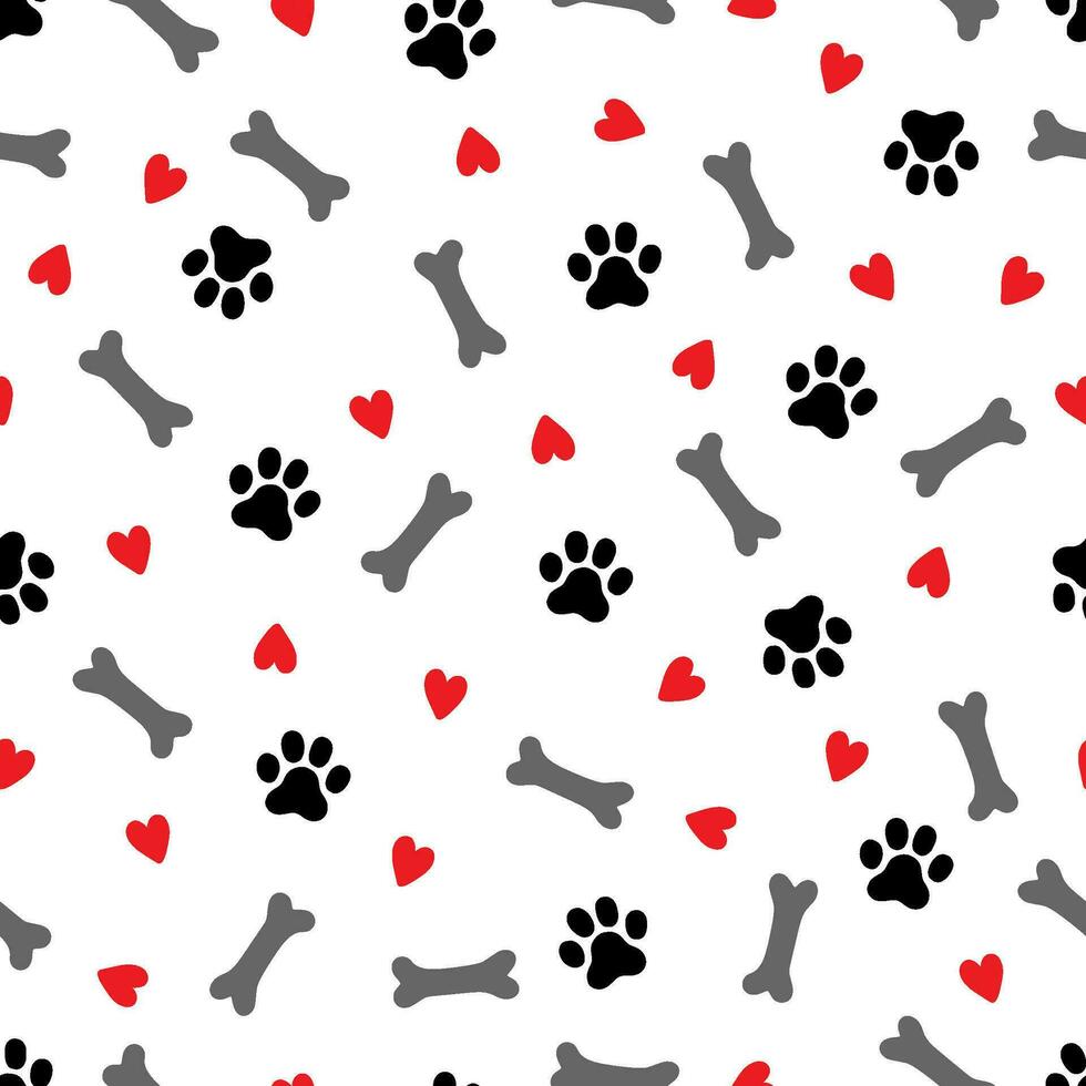 Pet footprint seamless pattern. Pet animal dog, cat footprint background with heart, bone element. Puppy, kitten texture doodle drawn wallpaper. Vector