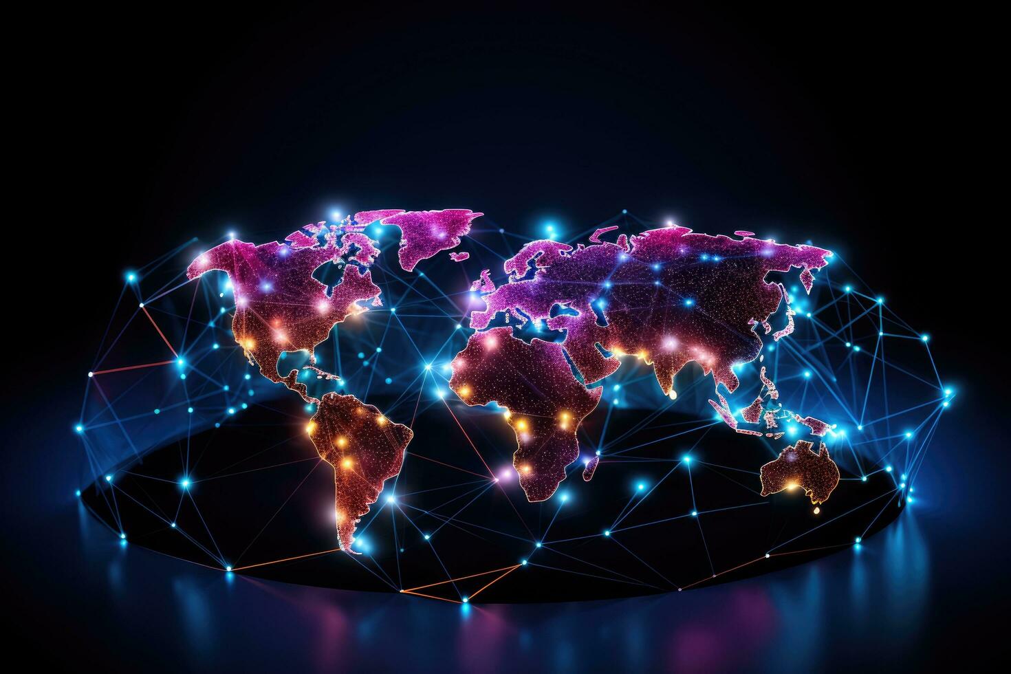 AI generated Glowing polygonal world map on dark background. 3D rendering, Abstract world network connection on a glowing world map, black background, AI GeneratedAbstract world network connection photo