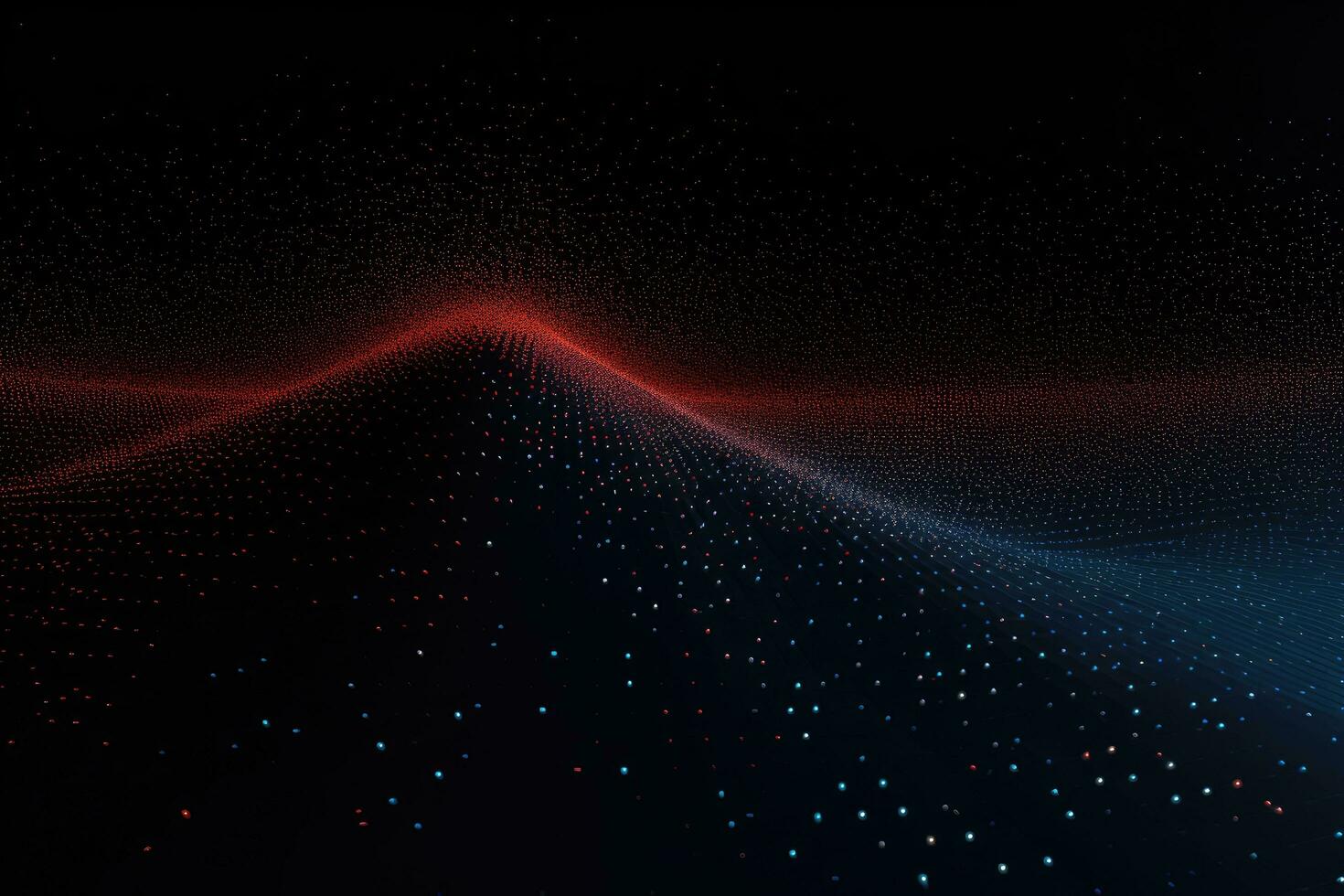 AI generated 3D illustration of a dark background with a glowing red and blue abstract wave, Abstract digital dot line particle data background, AI Generated photo