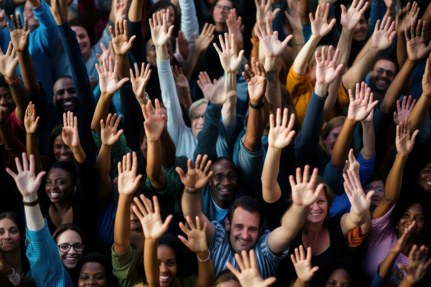 AI generated Multiethnic group of people raising their hands in a conference room, above view of diverse group of people raising hands together, waving, AI Generated photo