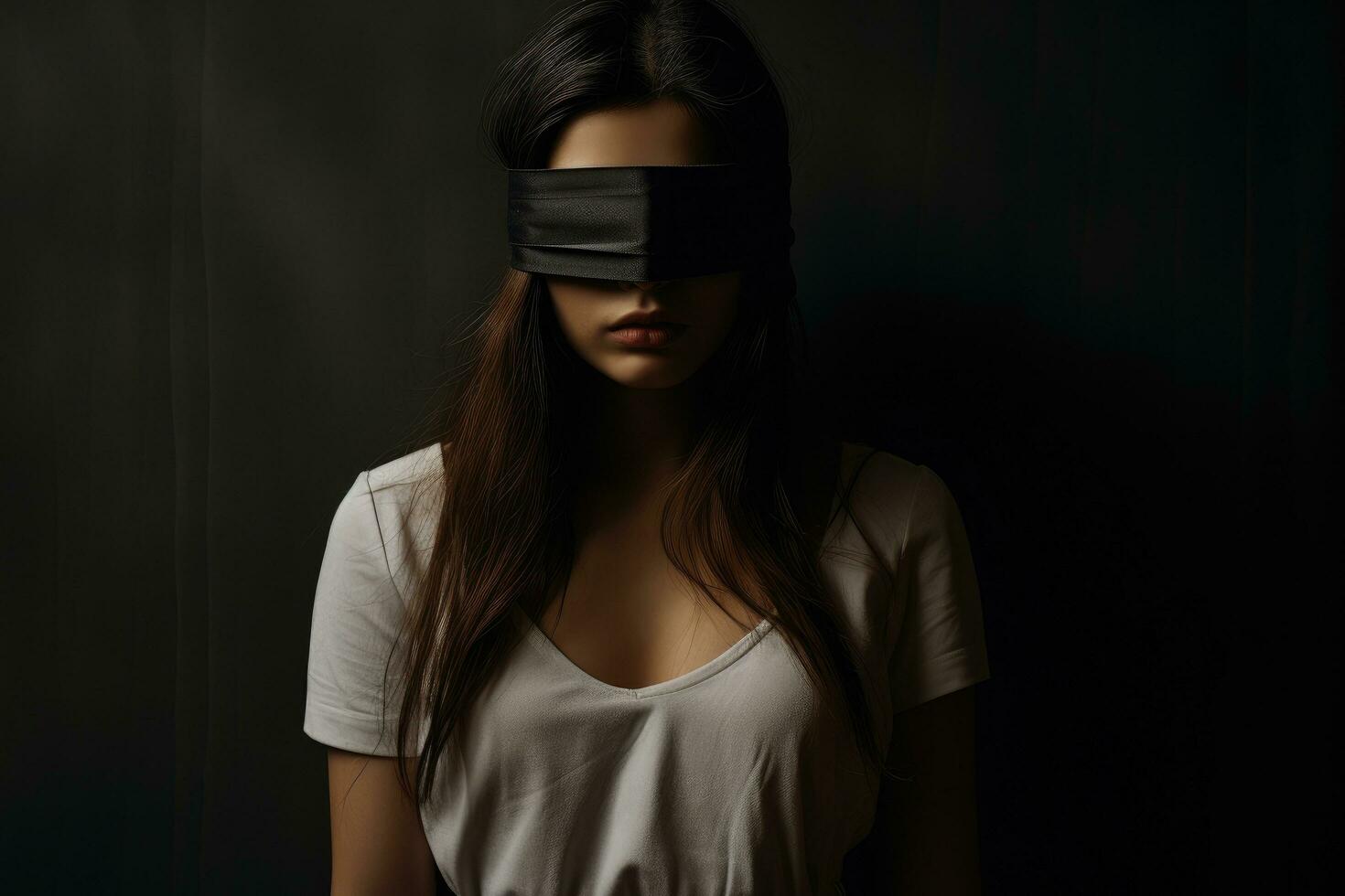 AI generated Beautiful girl with blindfold on her eyes. Dark background ...