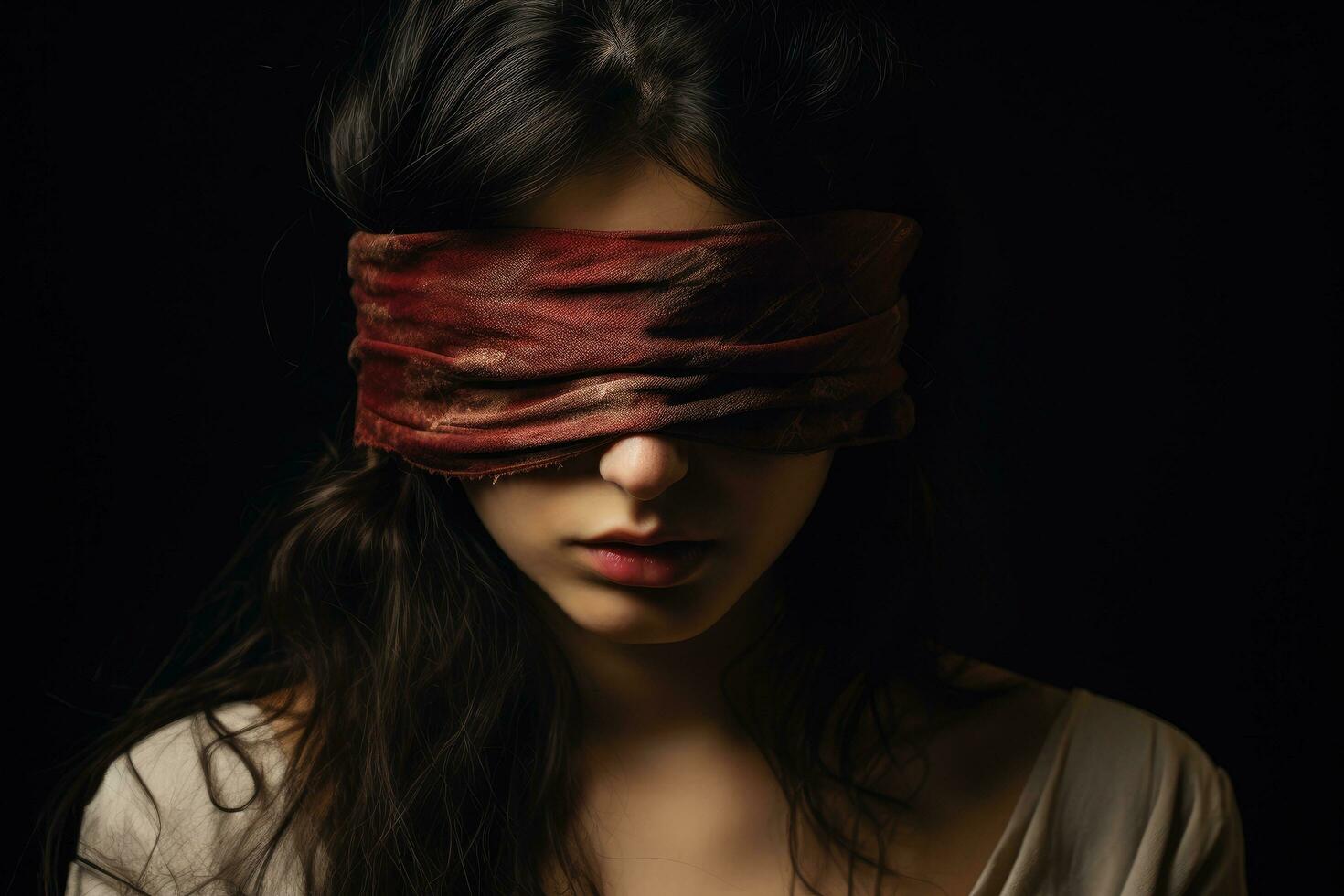 AI generated beautiful young woman with red blindfold on eyes, isolated on black, a young woman with a blindfold that prevents her from seeing, AI Generated photo