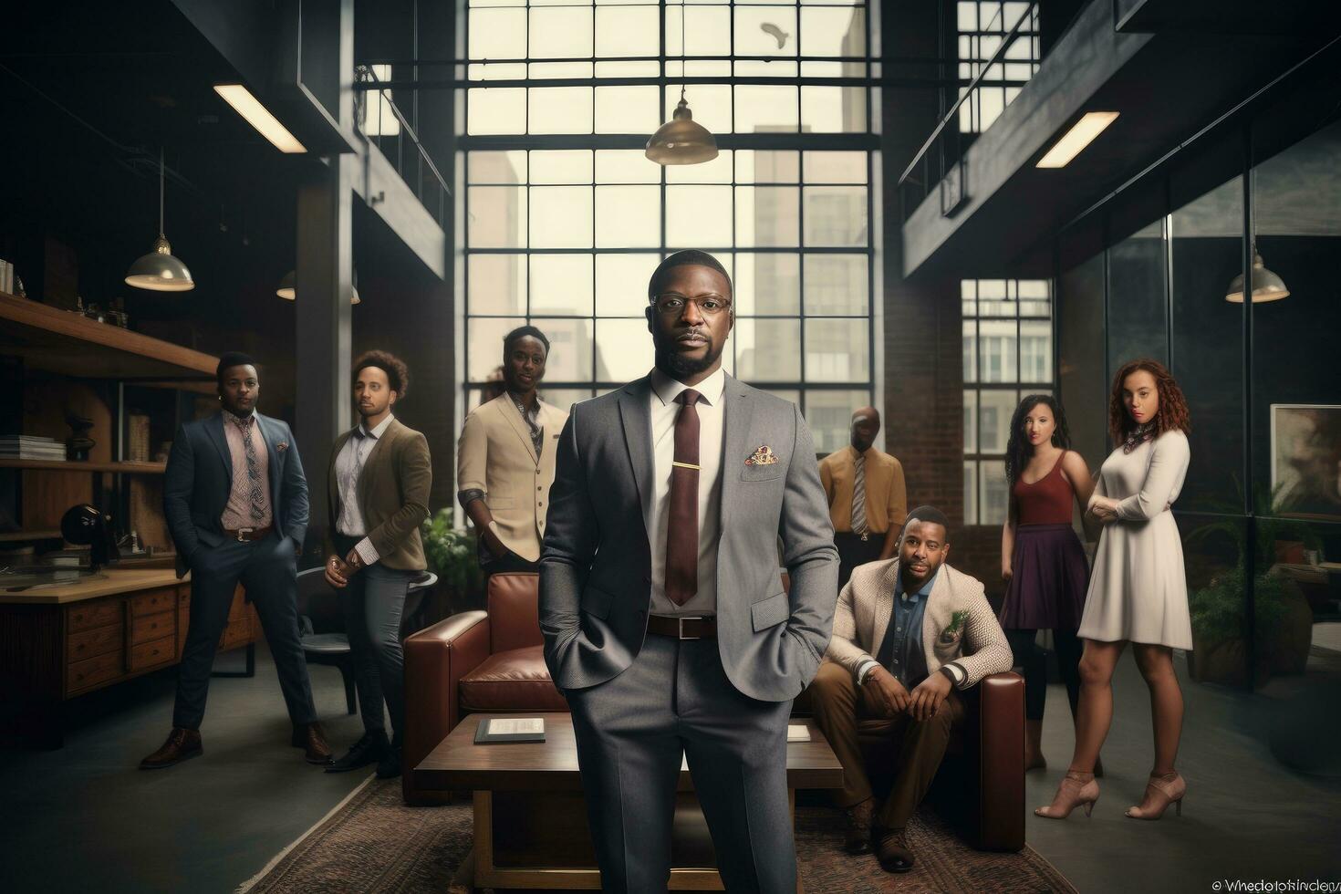 AI generated Business People Meeting Conference Discussion Corporate Concept. Portrait of young African American businessman in suit, African American Businessman Boss With Group, AI Generated photo