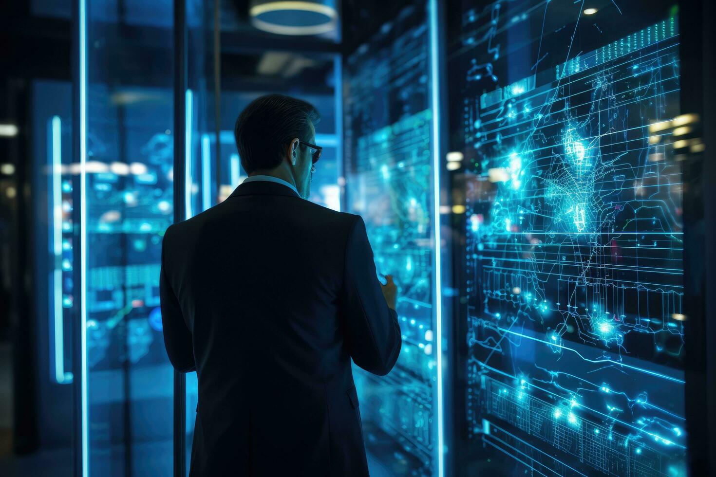 AI generated Back view of businessman in suit looking at digital business hologram on city background, Administrator Working With Data Protection Engineering Network for Cyber Security in data photo