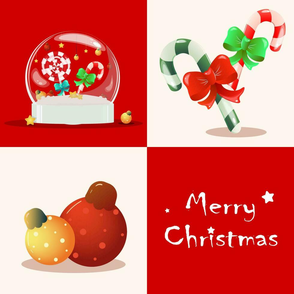 Red and white Christmas card divided into square sectors. Yellow and red balloons, candy canes and souvenir balloon. Greeting inscription. Vector. vector