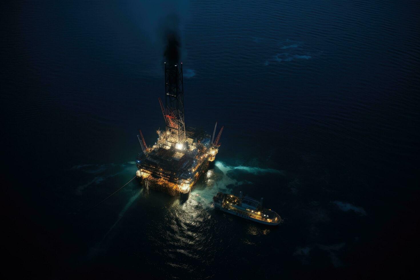 AI generated Oil and gas platform in the middle of the sea at night, Aerial view of jack up drilling rig in the middle of the ocean while rig move at night time, AI Generated photo