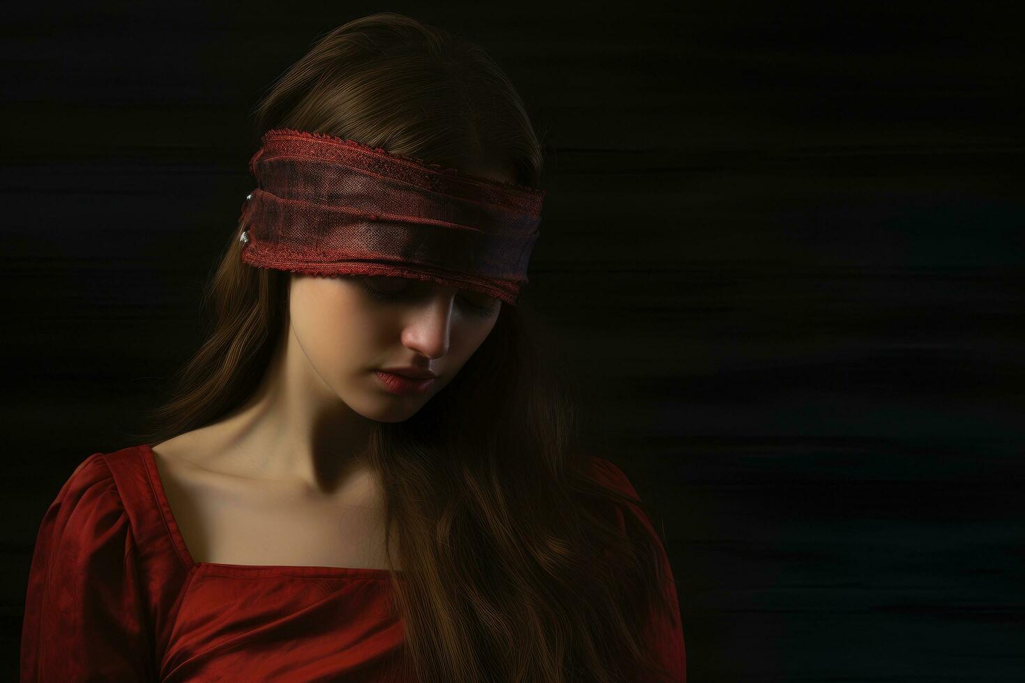 AI generated Portrait of beautiful young woman with red blindfold on dark background, a young woman with a blindfold that prevents her from seeing, AI Generated photo
