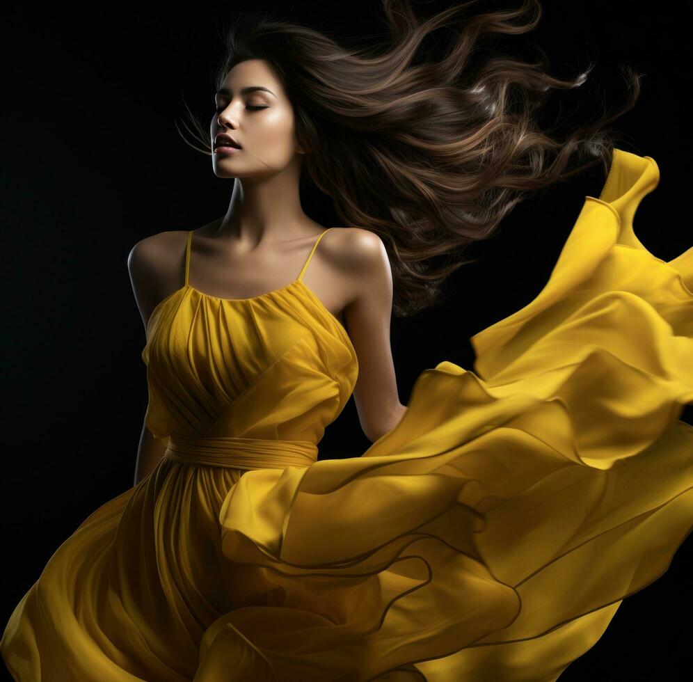 AI generated young woman in yellow dress flying her hair on black background, photo
