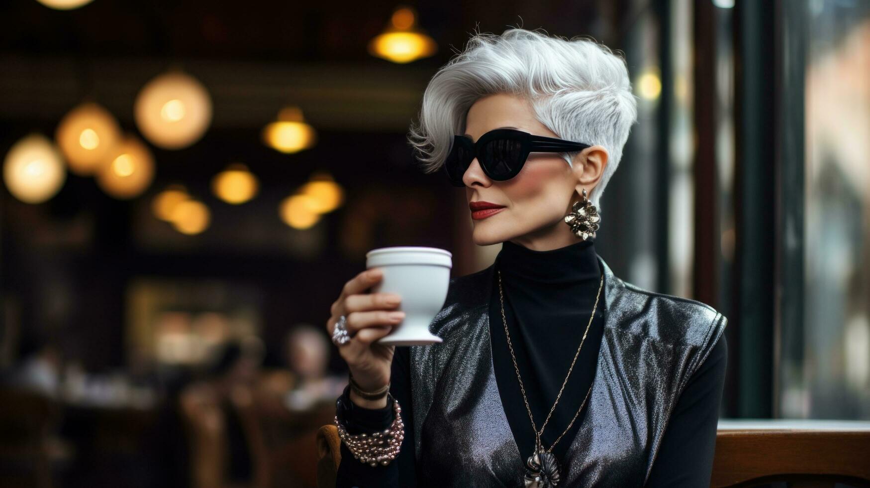 AI generated woman with grey hair in sunglasses is standing at the cafe holding coffee, photo