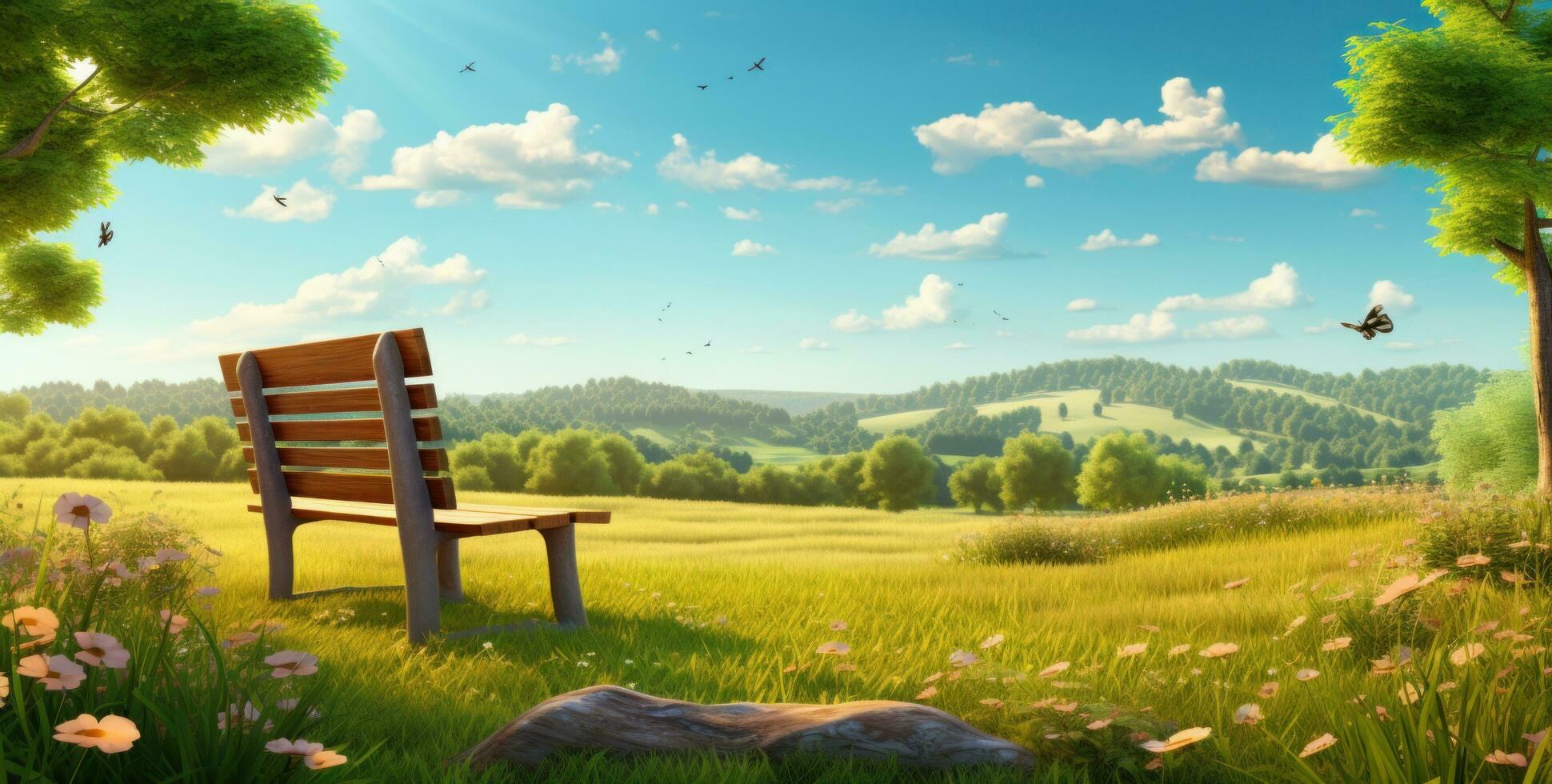 AI generated wooden bench with grass on summer sunny background, photo