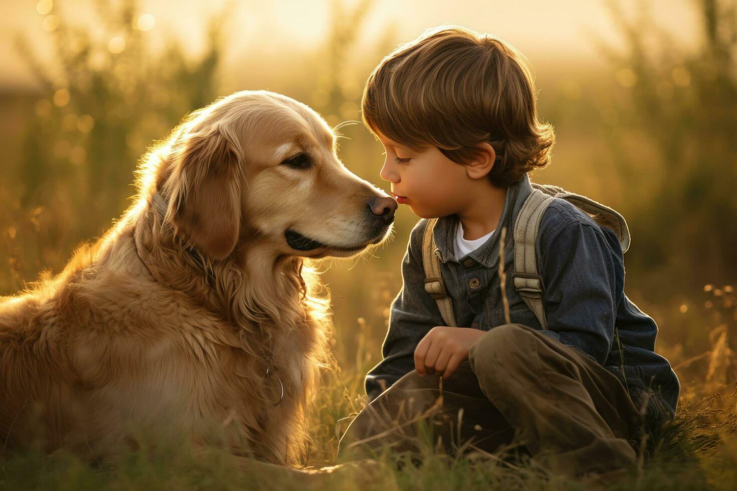 AI generated young boy kisses golden retriever sitting in the grass, photo