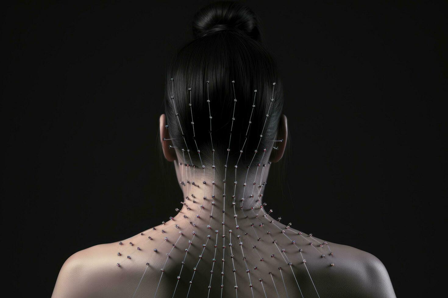 AI generated Female body with black lines on dark background, closeup. Plastic surgery concept, Acupuncture needles in womans back, AI Generated photo