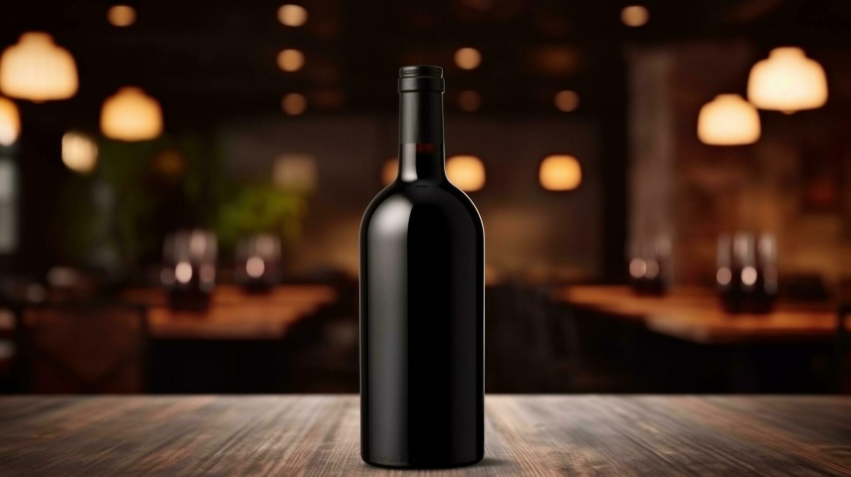 AI generated Wine bottle with blank front, realistic on a mockup template in a wooden table in restaurant photo