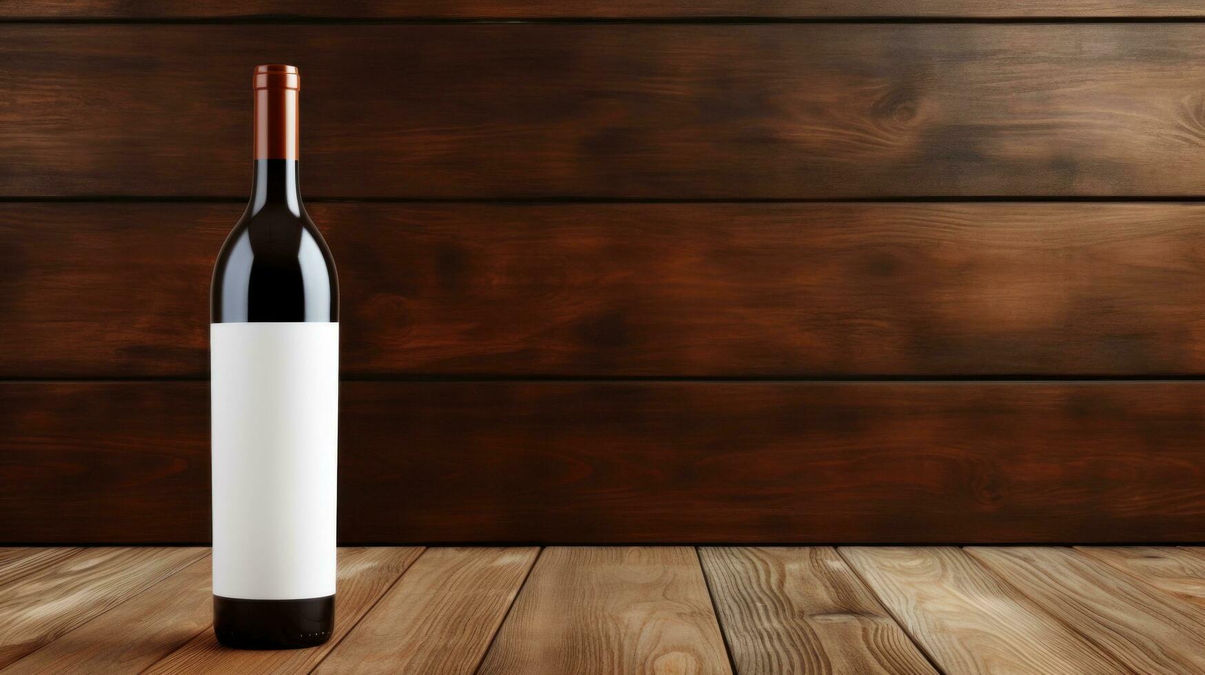 AI generated Wine bottle with blank front, realistic on a mockup template in a wooden table in restaurant photo