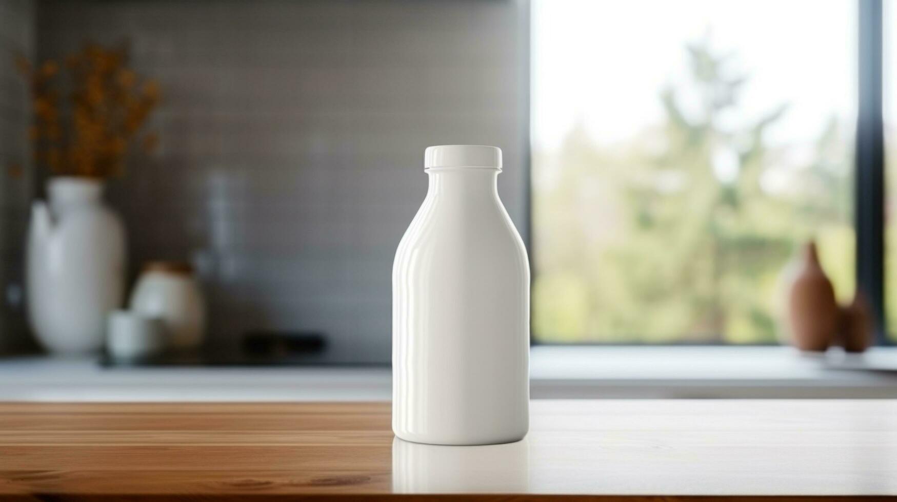 AI generated white milk bottle with blank front, realistic on a mockup template in a wooden table photo