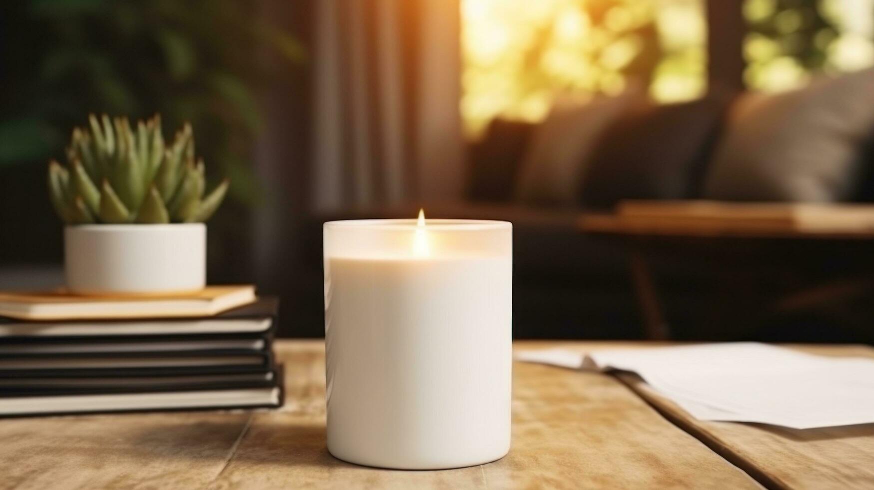 AI generated white candle with blank front, realistic on a mockup template in a coffee table in a luxury home photo