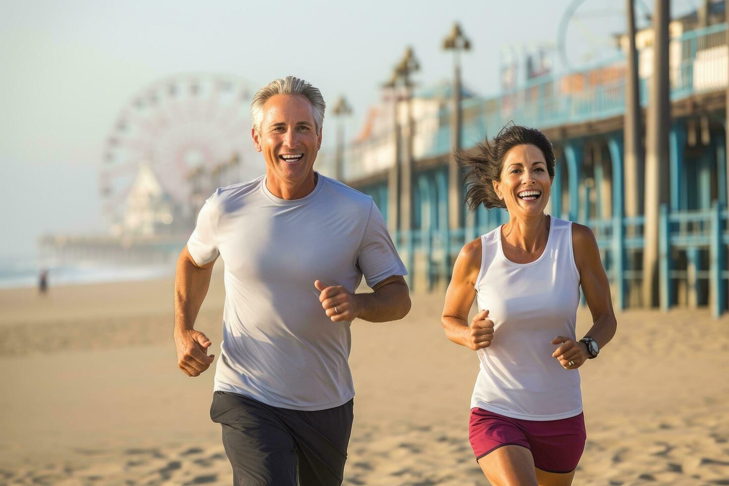 AI generated Portrait of happy senior couple jogging on beach at seaside, Active fit mature couple running on Santa Monica Beach boardwalk pacific ocean in background, AI Generated photo