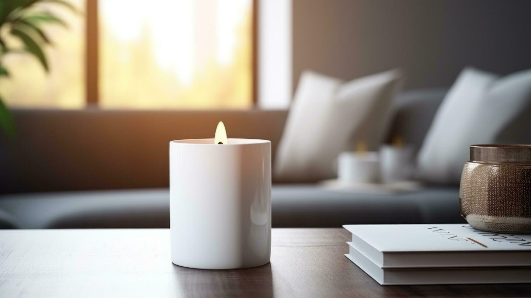 AI generated white candle with blank front, realistic on a mockup template in a coffee table in a luxury home photo