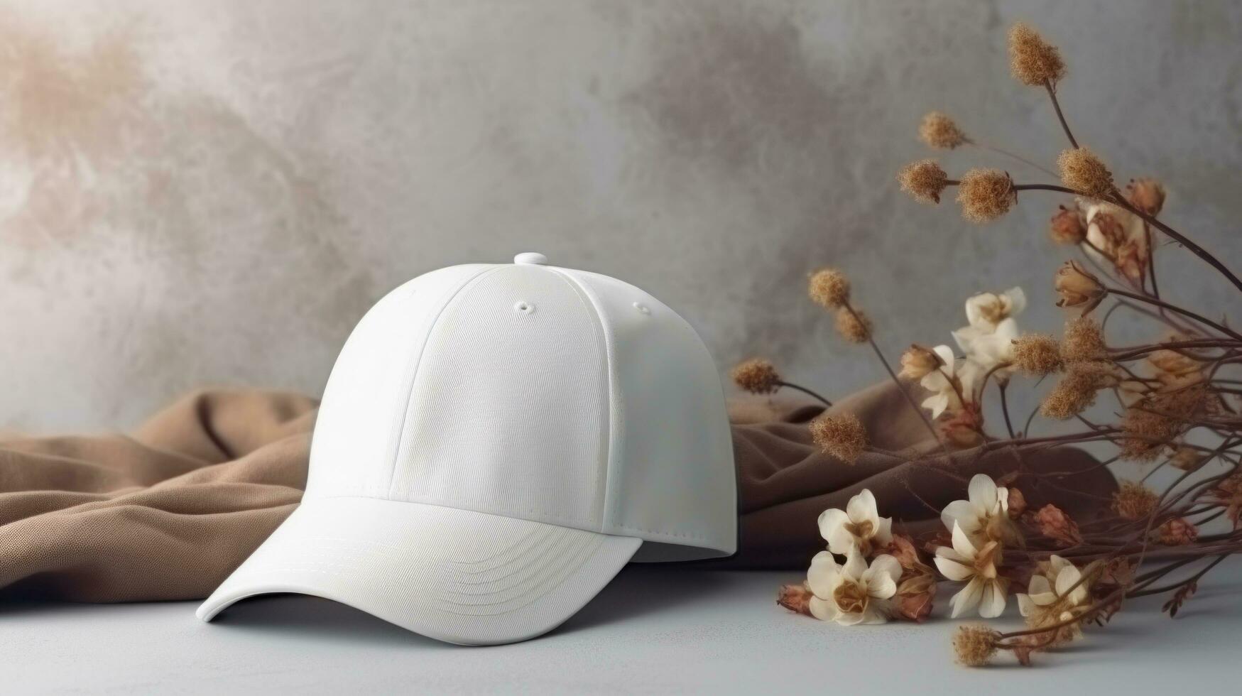 AI generated white Cap with blank front, realistic on a mockup template in a white table in a luxury home photo