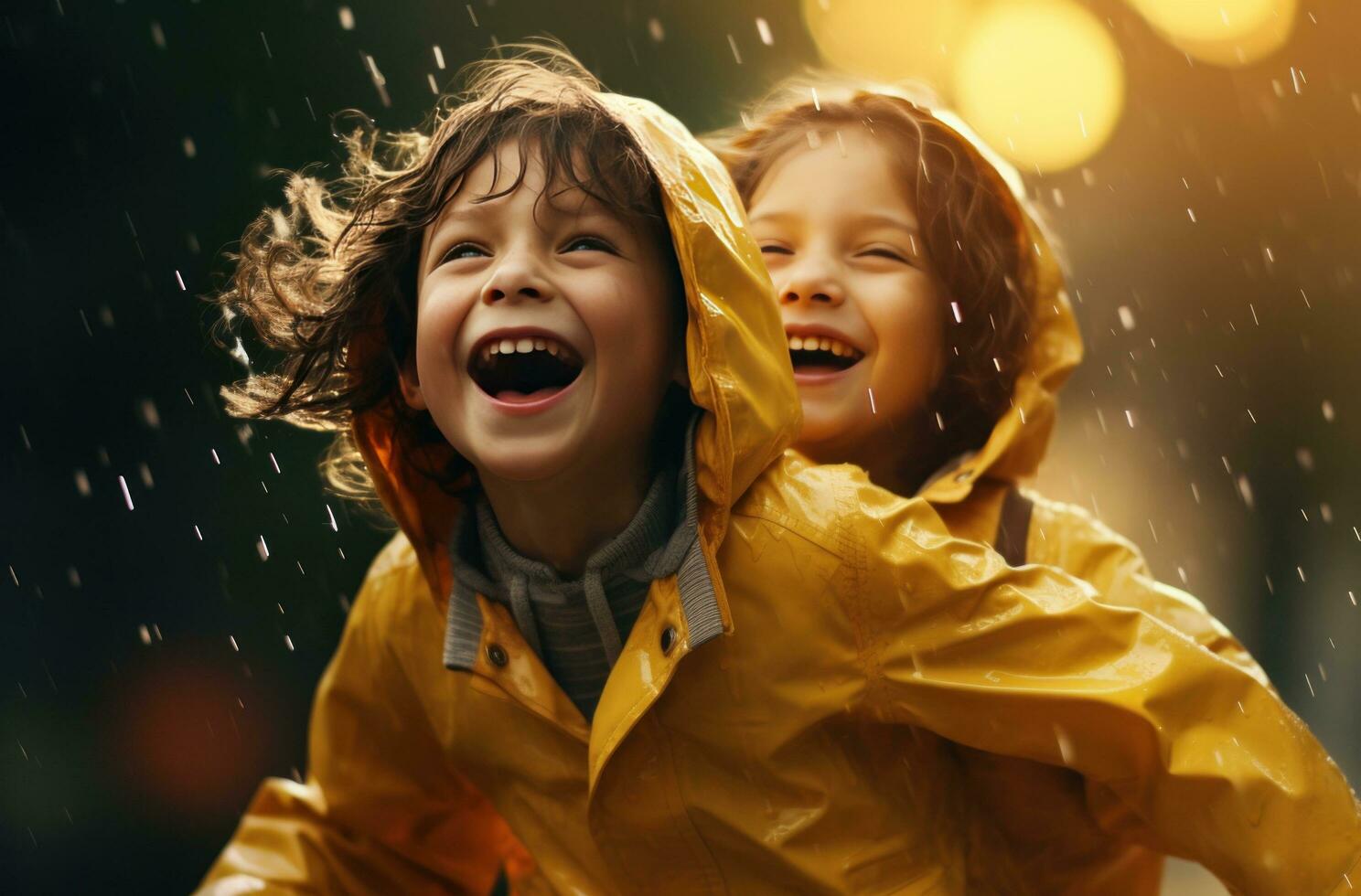 AI generated two children play in the rain outside, photo