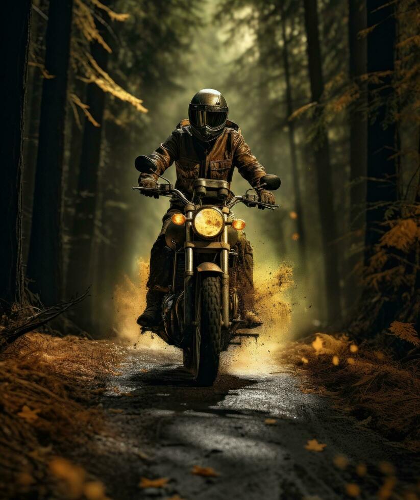 AI generated this image shows a man riding his motorbike through a forest, photo