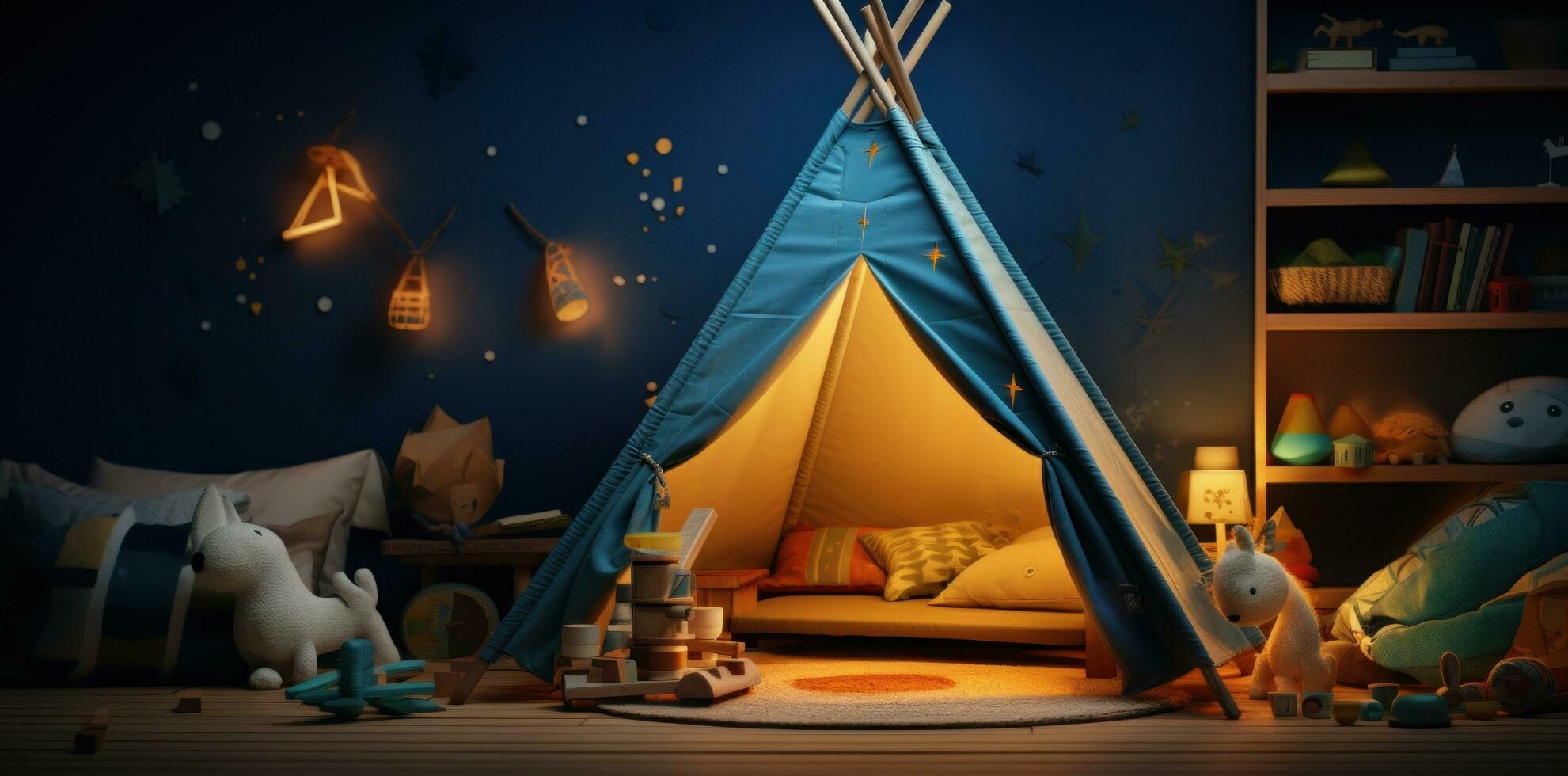 ai generado el habitación contiene un tipi y algunos juguete elementos, foto