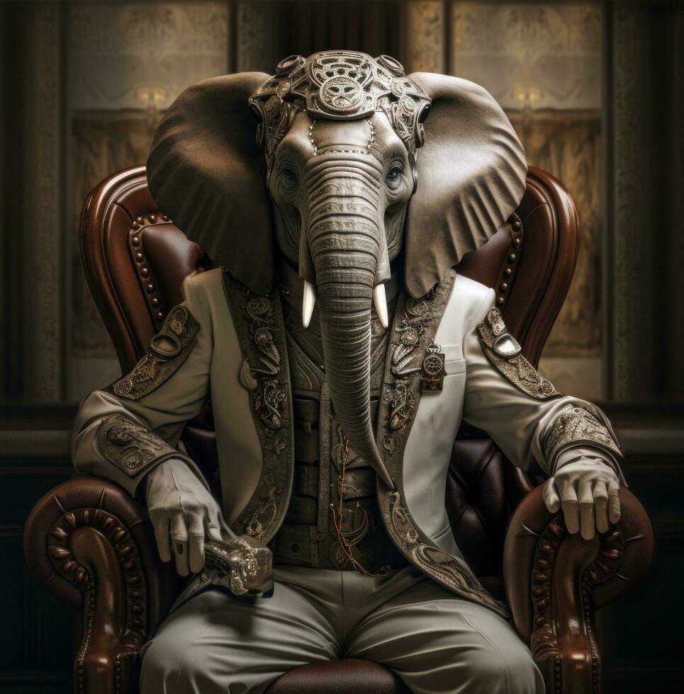 AI generated the elephant mask is sitting on a chair, photo