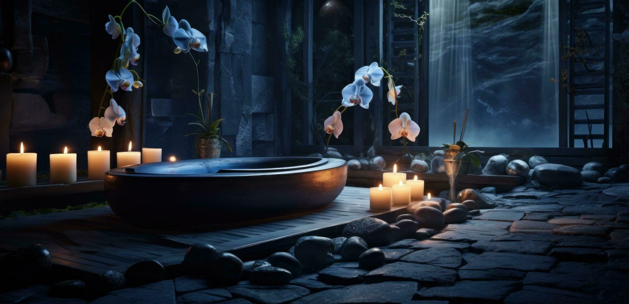 AI generated the spa has a hot stone sauna, candles and orchids, photo