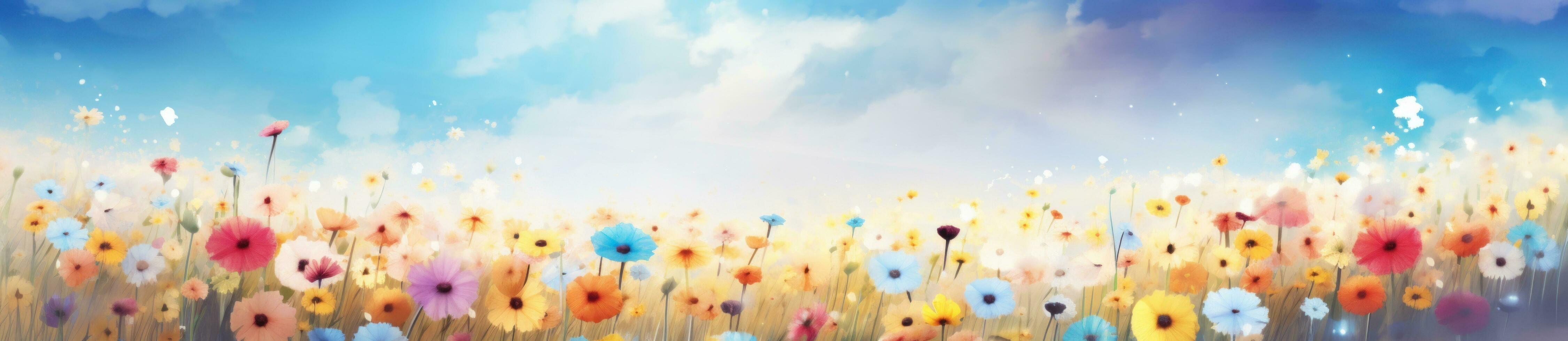AI generated sun shining in the sky with flowers and blue sky, photo