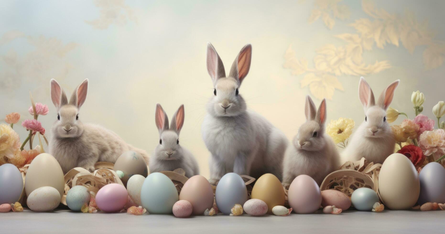 AI generated some rabbits in front of easter eggs, photo