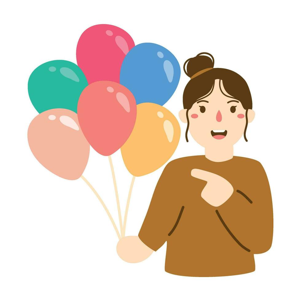 alegre joven mujer fiesta invitado sostener globos vector