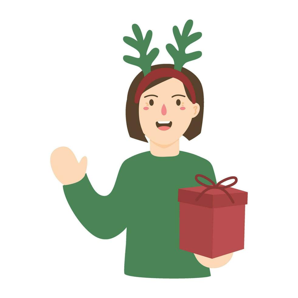 woman in santa hat holding giftbox illustration vector