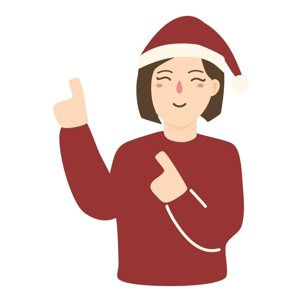 santa woman is smiling and pointing up on top vector