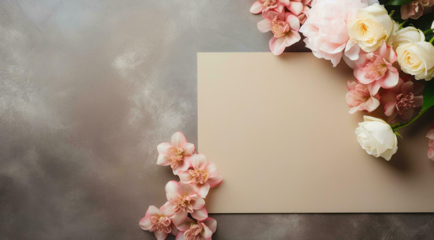 AI generated pretty flowers on concrete table with blank card, photo