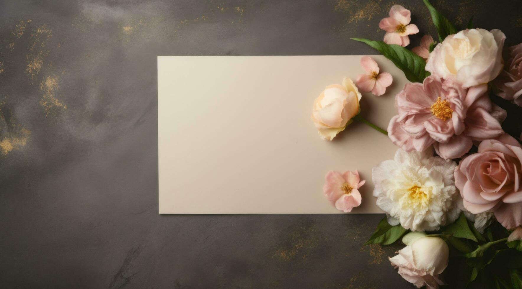 AI generated pretty flowers on concrete table with blank card, photo