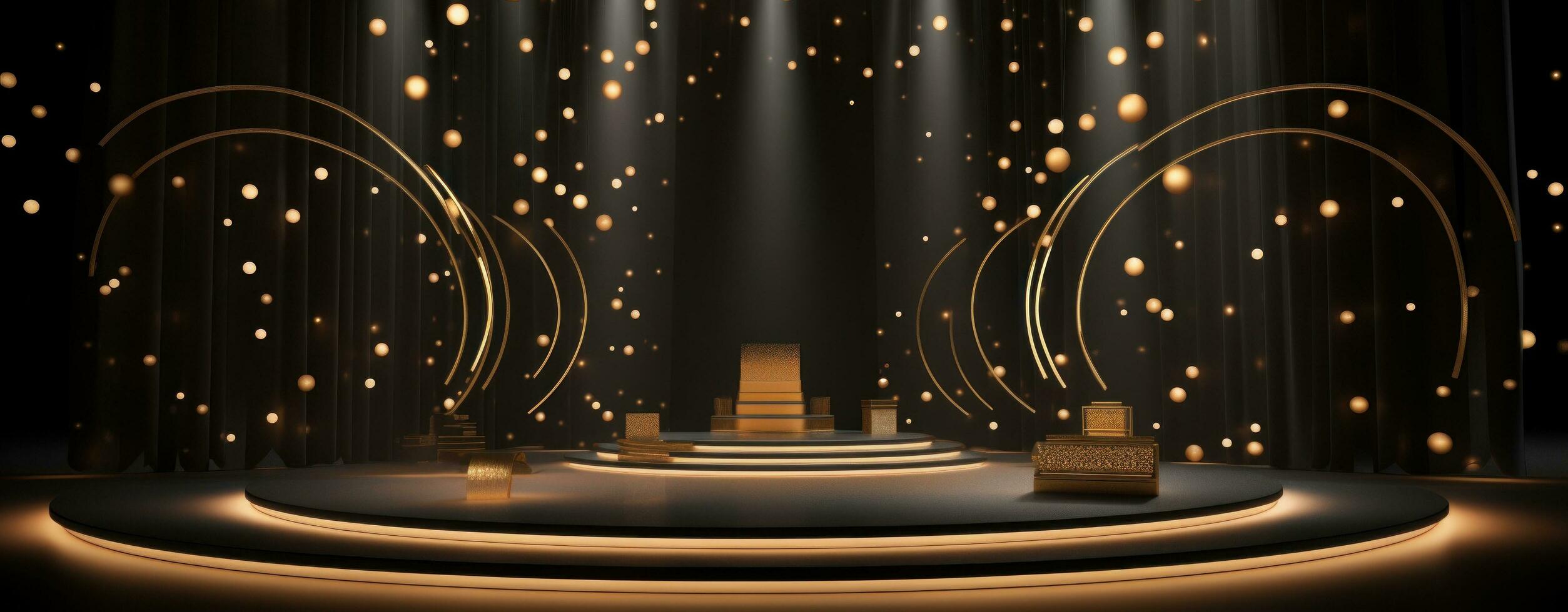 AI generated podium lit with golden lights on a black background, photo