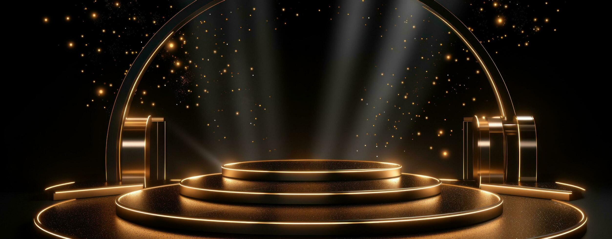 AI generated podium lit with golden lights on a black background, photo