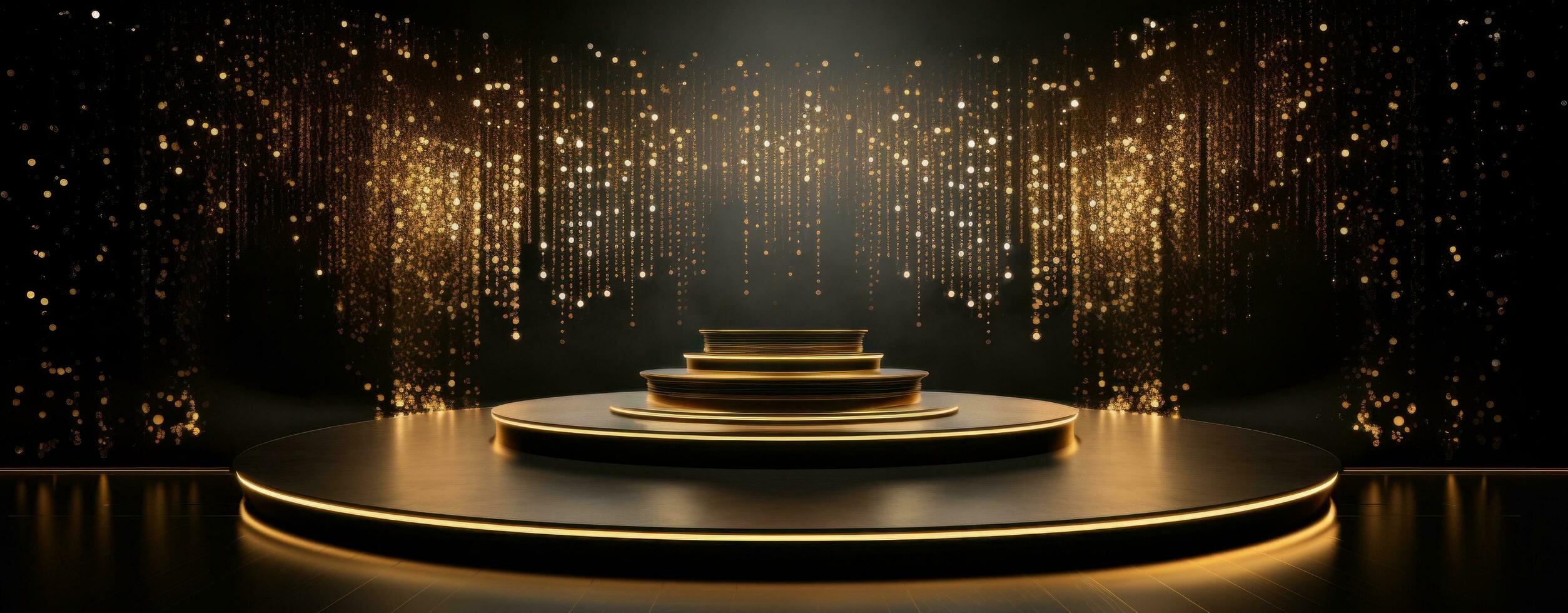 AI generated podium lit with golden lights on a black background, photo